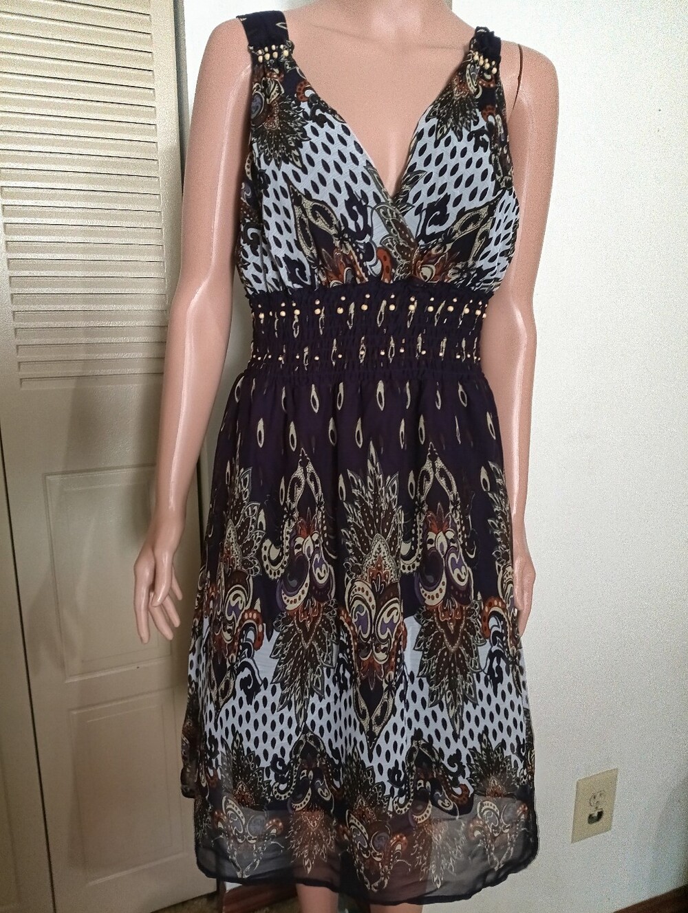 Mlle Gabrielle Navy, White and Brown Paisley V-Neck Midi Dress